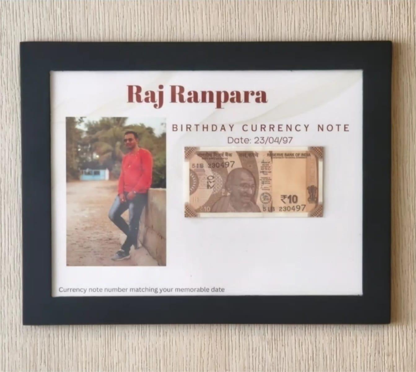 10 Rupees Birthday Note and Personalized Photo Frame with photo and text
