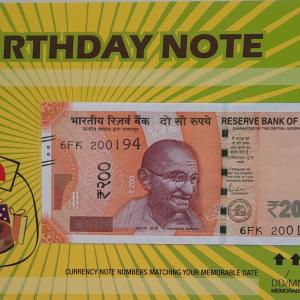 200 Rupees currency note matching your birthdate with birthday cover