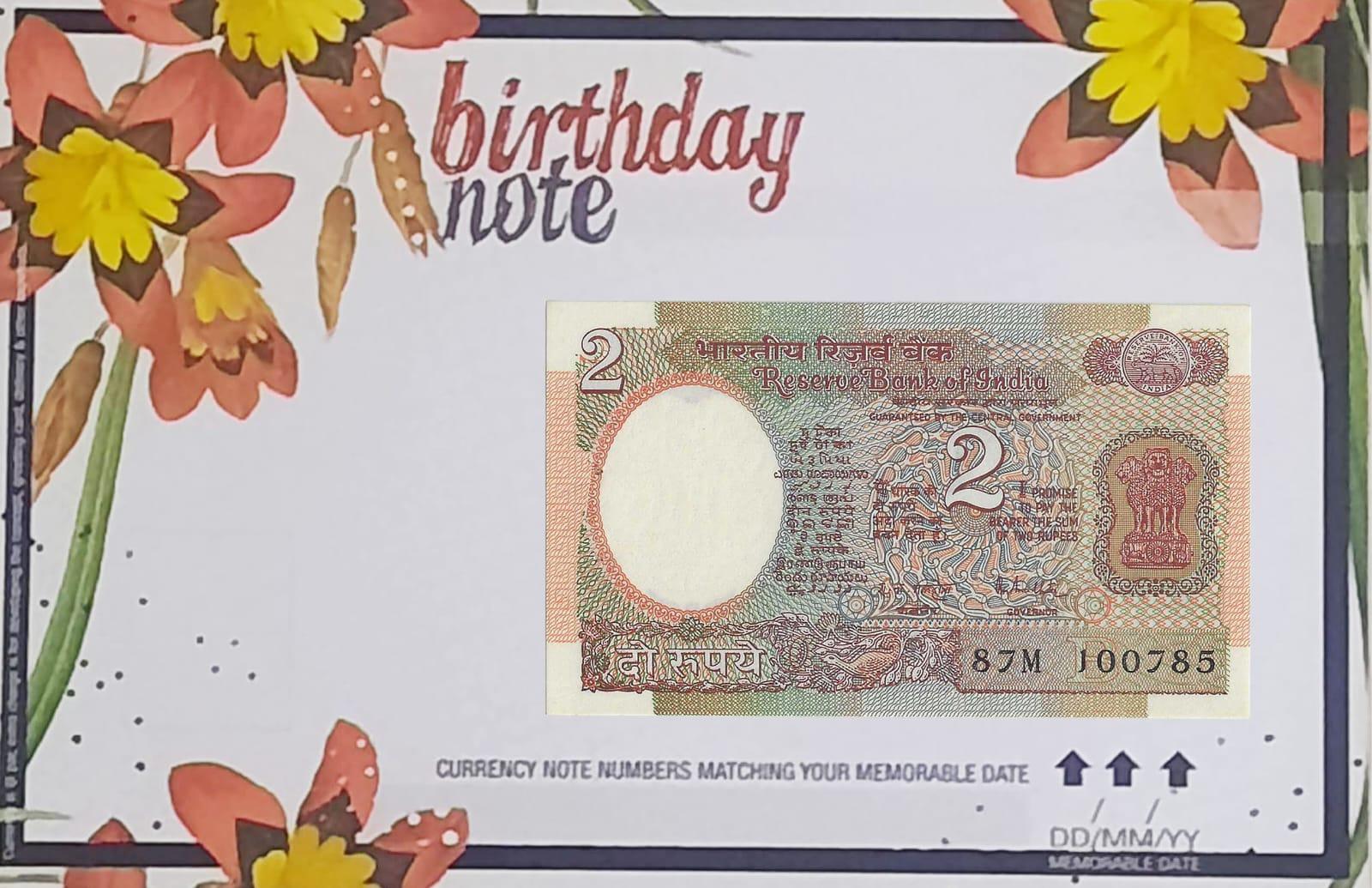 2 Rupees currency note matching your birthdate with birthday cover
