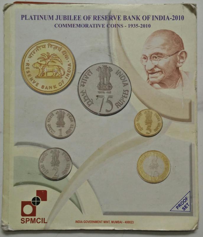 2010 - Platinum Jubilee of RBI Rs.75, Rs.10, Rs.5, Rs.2, Rs.1 (Proof Set)