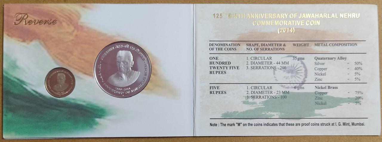 125th Birth Anniv.of Jawaharlal Nehru Rs.125 Rs.5 (Proof Set)