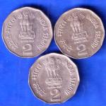 SET OF 3 : REPUBLIC INDIA 1995 1997 different mint TWO RUPPE COINS ANH2351