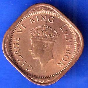 BRITISH INDIA 1943 GEORGE VI 1/2 ANNA RARE COIN HSK1