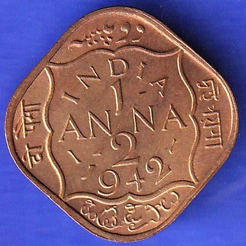 BRITISH INDIA 1942 GEORGE VI 1/2 ANNA RARE COIN HSK301