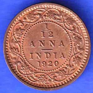 British India 1920 George V King 1/12 Anna Copper Coin ANH3310