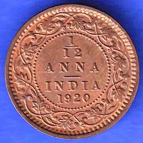 British India 1920 George V King 1/12 Anna Copper Coin ANH3310