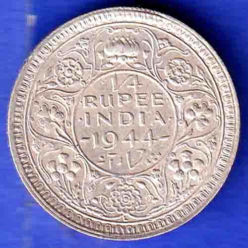 BRITISH INDIA 1944 LAHORE MINT GEORGE VI 1/4 RUPEE BEAUTIFUL SILVER COIN HSK165