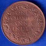 BRITISH INDIA 1939 GORGE VI KING ONE QUARTER ANNA COPPER COIN ANH764