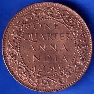 BRITISH INDIA 1939 GORGE VI KING ONE QUARTER ANNA COPPER COIN ANH764