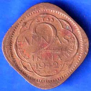 BRITISH INDIA 1942 GEORGE VI 2 ANNAS COIN ANH3117