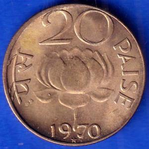 Republic India 1970 Hyderabad Mint 20 Paise Coin ANH266