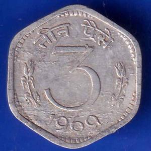 Republic India 1969 Three Paisa Coin ANH1567