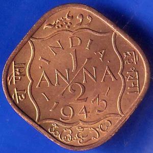British India 1943 George Vi King Half Anna Coin ANH1614