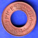 British India 1944 Lahor mint One Pice copper coin HSK222