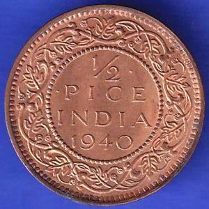 BRITISH INDIA 1940 1/2 PICE GEORGE VI COPPER COIN HSK322