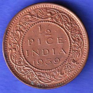 BRITISH INDIA 1939 GORGE VI KING 1/2 PICE BOMBAY MINT RARE COIN HSK866