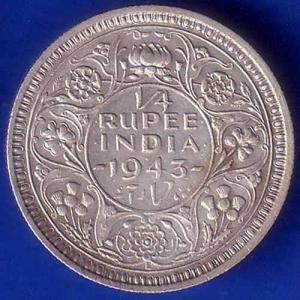 British India 1943 LAHORE MINT George Vi 1/4 Rupee Rare Silver coin