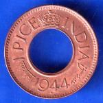 British India 1944 George VI King BOMBAY MINT 1 Pice Copper Coin ANH2819