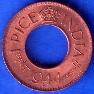 British India 1944 Lahore Mint George VI King 1 Pice Copper Coin ANH270