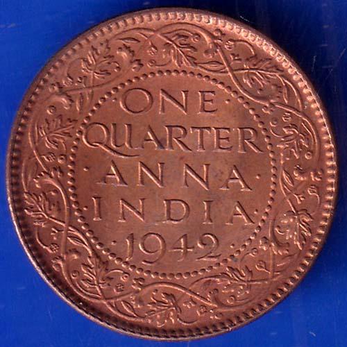 British India 1942 George VI King Emperor One Quarter Anna Coppr Coin ANH422