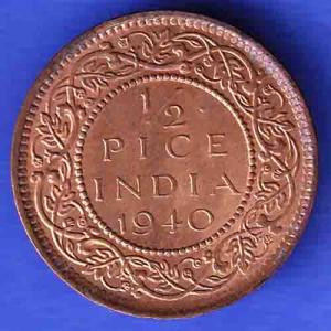 BRITISH INDIA 1940 1/2 PICE GEORGE VI COPPER COIN HSK227