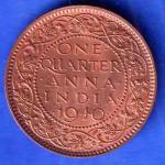 British India 1940 George VI King One Quarter Anna Copper Coin SK875
