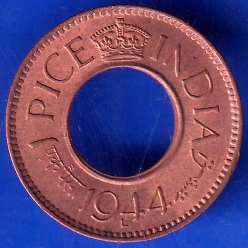 British India 1944 Lahore Mint George VI King 1 Pice Copper Coin ANH521