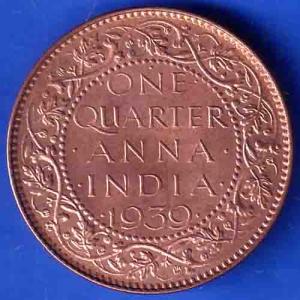 BRITISH INDIA 1939 GORGE VI KING ONE QUARTER ANNA COPPER COIN ANH3371