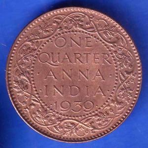 BRITISH INDIA 1939 GORGE VI KING ONE QUARTER ANNA COPPER COIN ANH2972