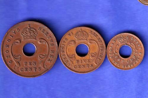 set: East Africa , 1952 Ten Cent, 1942 Five Cents, 1962 One Cent Coin SK382