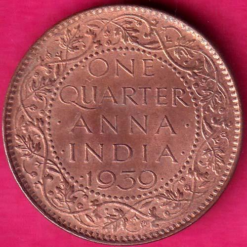 UNC BRITISH INDIA 1939 GORGE VI KING ONE QUARTER ANNA COPPER COIN