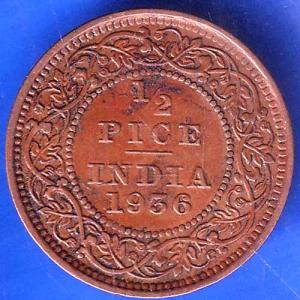 British India 1936 George V King Emperor Half Pice Coin ANH1824