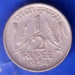 Government of India 1954 half Rupee CALCUTTA MINT Coin ANH3069
