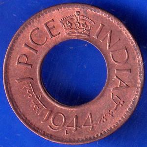 British India 1944 Lahore Mint George VI King 1 Pice Copper Coin ANH1023