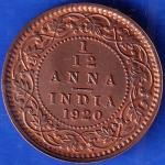 British India 1920 George V King 1/12 Anna Copper Coin ANH224