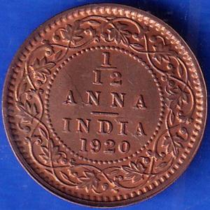 British India 1920 George V King 1/12 Anna Copper Coin ANH224