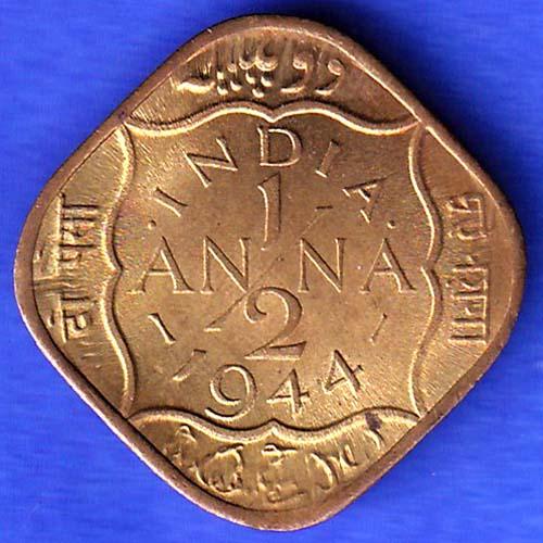 BRITISH INDIA 1944 GEORGE VI 1/2 ANNA COIN HSK476