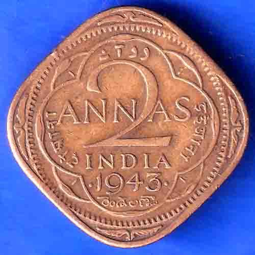 BRITISH INDIA 1943 GEORGE VI 2 ANNAS COIN ANH3469