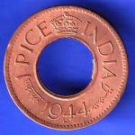 British India 1944 Lahor mint One Pice copper coin HSK81