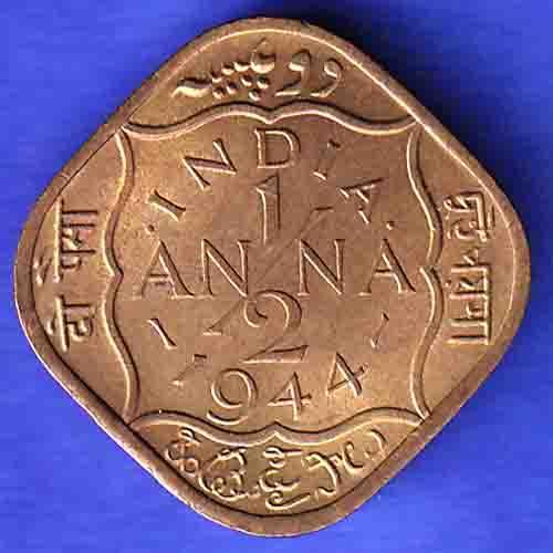 BRITISH INDIA 1944 GEORGE VI 1/2 ANNA COIN HSK582