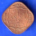 BRITISH INDIA 1943 GEORGE VI 1/2 ANNA RARE COIN HSK1