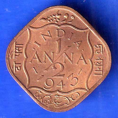 BRITISH INDIA 1943 GEORGE VI 1/2 ANNA RARE COIN HSK1