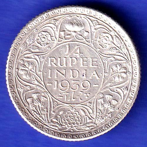 British India 1939 George VI 1/4 Rupee Silver Coin HSK653