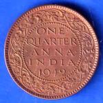 British India 1942 George VI King Emperor One Quarter Anna Copper Coin ANH3374