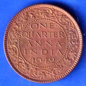 British India 1942 George VI King Emperor One Quarter Anna Copper Coin ANH3374