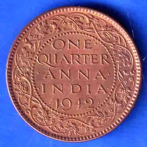 British India 1942 George VI King Emperor One Quarter Anna Copper Coin ANH3374