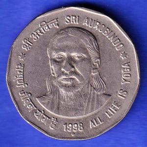 2 Rupee Coin Sri Aurobindo All Life Is Yoga 1998 Noida Mint HSK177