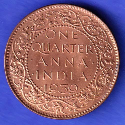 BRITISH INDIA 1939 GORGE VI KING ONE QUARTER ANNA COPPER COIN HSK731