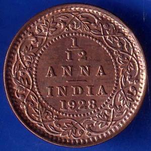British India 1928 George V King 1/12 Anna Copper Coin ANH1325