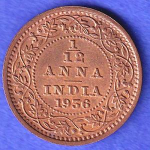 BRITISH INDIA 1936 GORGE VI KING 1/12 ANNA COPPER COIN SK444